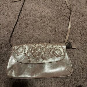 Patricia Nash Metallic Leather Crossbody | Embossed Rose Floral